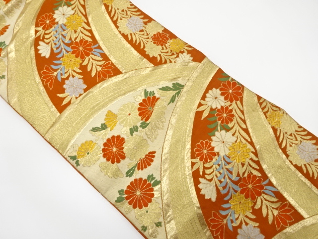 JAPANESE KIMONO / ANTIQUE FUKURO OBI / SILK / WOVEN KIKU & ABSTRACT SEIGAIHA